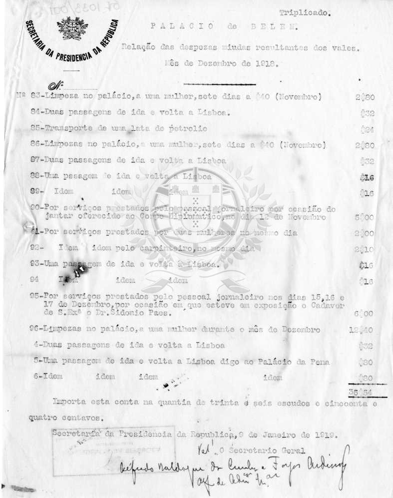 Entre 15 e 17 DE DEZEMBRO DE 1918 - O corpo do Presidente da República, Sidónio Pais, permanece em câmara ardente no Palácio de Belém