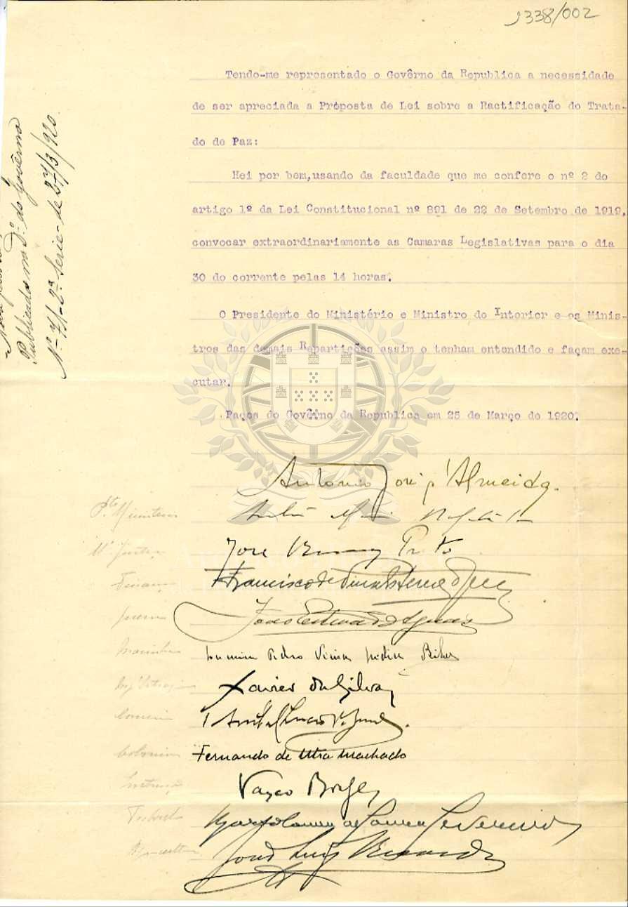 A 25 DE MARÇO DE 1920 – O Presidente da República convoca a Câmara dos Deputados e o Senado para ratificar o Tratado de Versalhes