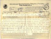 Telegrama com mensagem de agradecimento do Governador-Geral da União da África do Sul, Ernest George Jansen, endereçada ao Presidente da República e esposa, por ocasião do seu regresso após a visita realizada a Portugal. 