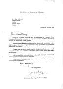 Carta do Embaixador Moraes Cabral, da Casa Civil do Presidente da República, dirigida a Mary Robinson, propondo, da parte do presidente Jorge Sampaio, a data de 5 de fevereiro de 2003, para a sua deslocação a Portugal para receber uma alta condecoração portuguesa, como um "tributo pessoal da elevada estima pela sua vida política e trabalho social", propondo igualmente a organização, na ocasião, de uma Conferência dedicada ao tema dos Direitos Humanos ou outro.