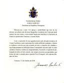 Carta do Papa João Paulo II dirigida ao Presidente da República Portuguesa, Jorge Sampaio, agradecendo a oferta do álbum de fotografias evocadoras da visita a Portugal por ocasião da beatificação dos pastorinhos Francisco e Jacinta Marto no Santuário de Fátima.