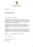 Carta da Presidente da Irlanda, Mary Robinson, endereçada ao Presidente da República de Portugal, Jorge Sampaio, acusando a receção das cartas datadas de 30 de outubro e de 8 de novembro [de 1996] e agradecendo o convite que lhe foi endereçado para uma visita a Portugal, ao longo de 1997, mas lamentando não lhe ser possível concretizá-la devido a uma agenda já muito preenchida.
