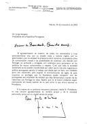 Carta do Presidente da Junta de Extremadura, Juan Carlos Ibarra, endereçada ao Presidente da República Portuguesa, Dr. Jorge Sampaio, agradecendo a visita oficial empreendida à Comunidade Autónoma da Extremadura, demonstrando "o excelente clima de comunicação criado e as possibilidades de continuar uma relação com Portugal, já profunda e arreigada".