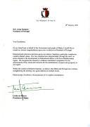 Carta do Presidente de Malta, Guido de Marco, dirigida a Jorge Sampaio, Presidente de Portugal, felicitando-o pela sua reeleição e referindo os valores históricos e culturais comuns entre as 2 nações e o "interesse ativo no desenvolvimento dos assuntos internacionais na região Euro-Mediterrânica" demonstrado pelos 2 países, ao longo dos anos.