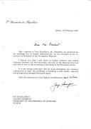 Carta do Presidente da República, Jorge Sampaio, dirigida ao Presidente da República da Lituânia, Valdas Adamkus, agradecendo mensagem de felicitações por ocasião da sua reeleição e assegurando o seu empenho no reforço das relações bilaterais mas também em termos do processo de integração da Lituânia na União Europeia.