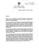 Carta do Presidente da República da Colômbia, Andrés Pastrana Arango, dirigida ao Presidente da República Portuguesa, Jorge Fernando Branco de Sampaio, agradecendo o documento emanado do seminário sobre Política de Drogas e Toxicodependência e dando conta do esforço do seu Governo e do povo colombiano na luta contra o tráfico de drogas ilícitas.