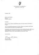 Carta da Presidente da Irlanda, Mary Mc Aleese, dirigida ao Presidente da República Portuguesa, Jorge Sampaio, felicitando-o pela sua reeleição e relembrando os laços afetuosos que ligam os 2 países e povos.