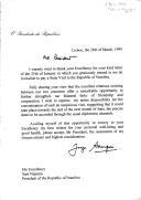 Carta do Presidente da República, Jorge Sampaio, endereçada ao Presidente da República da Namíbia, Sam Nujoma, agradecendo a carta-convite com data de 25 de janeiro de 1999 que lhe endereçou e manifestando a sua inteira disponibilidade para uma visita àquele país, sugerindo o final do mês de junho para a sua concretização.