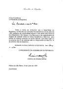 Carta do Presidente da Assembleia da República, António de Almeida Santos, dirigida ao Presidente da República, comunicando ter a Assembleia da República, na sua reunião da Comissão Permanente de 24 de julho de 1999, deliberado por unanimidade exprimir o seu pesar pela morte do Rei Hassan II de Marrocos e autorizar a deslocação oficial do chefe de Estado português a Marrocos para assistir às solenes exéquias, no dia 25 de julho.