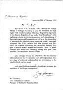 Carta do Presidente da República, Jorge Sampaio, endereçada ao Presidente da República Islâmica do Irão, Syed Mohammade Khatami, a ser transmitida pelo Ministro dos Negócios Estrangeiros, Jaime Gama, saudando os "passos positivos" desenvolvidos pela sua liderança no sentido do desenvolvimento e reforço dos valores democráticos e dos direitos humanos no seu país e na diminuição das tensões regionais.