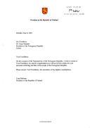 Carta de felicitações da Presidente da República da Finlândia, Tarja Halonen, dirigida ao Presidente da República Portuguesa, Jorge Sampaio, por ocasião do Dia de Portugal.