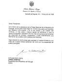 Carta do Presidente da República da Colômbia, Andrés Pastrana Arango, dirigida ao Presidente da República de Portugal, Jorge Sampaio, felicitando toda Nação Portuguesa por ocasião das comemorações do Dia de Portugal e reiterando a importância do fomento das relações de amizade e cooperação entre os dois países.