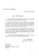 Carta do Presidente da República, Jorge Sampaio, endereçada ao Presidente da República da Namíbia, Sam Nujoma, agradecendo o convite para uma visita oficial ao seu país e manifestando o seu grande interesse em visitar a Namíbia, lamentando, porém, que a mesma não se possa efetuar antes das próximas eleições presidenciais em Portugal a terem lugar em janeiro de 2001.