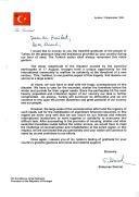 Carta do Presidente turco, Süleyman Demirel, dirigida ao Presidente da República de Portugal, Jorge Sampaio, agradecendo a generosa ajuda e o apoio prestados por Portugal na sequência do terramoto de 17 de agosto de 1999 que abalou a Turquia e manifestando o seu convencimento que  a Nação portuguesa e o seu chefe de Estado, pessoalmente, continuarão a ser solidários e a contribuir no esforço empreendido de reconstrução e de reabilitação da região afetada.