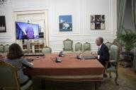 O Presidente da República Marcelo Rebelo de Sousa fala em videoconferência com o Presidente da União das Misericórdias Portuguesas (UMP), Manuel Lemos e igualmente com o Presidente da Confederação Nacional das Instituições de Solidariedade (CNIS), Padre Lino Maia, numa altura em que o combate à pandemia da Covid-19 desafia particularmente o papel destas instituições, a 25 de março de 2020