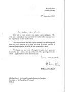 Carta do Príncipe da Jordânia, El Hassan Bin Talal, endereçada ao Presidente da República de Portugal, Jorge Sampaio, agradecendo a generosa hospitalidade com que foi, junto com a sua mulher, recebido em Lisboa e assinalando a importância do Encontro de Santo Egídio na promoção de uma cultura de diálogo e participação.