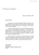 Carta do Presidente da República, Jorge Sampaio, dirigida ao Presidente chinês, Jiang Zemin, por ocasião do dia nacional da República Popular da China, no ano em que se celebra o 50.º aniversário da sua fundação, em que se comemora o 20.º aniversário do estabelecimento de relações diplomáticas entre a China e Portugal, em que o Presidente chinês visita Portugal e em que se conclui o processo de transição de Macau.
