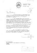 Carta do Governador Geral da Commonwealth da Austrália, Ninian Stephen, endereçada ao Presidente da República de Portugal, agradecendo a carta do Presidente Ramalho Eanes de 24 de março de 1983 e elogiando os contributos dos portugueses residentes naquele país para o desenvolvimento de uma sociedade multicultural e agradecendo, ainda, o convite para uma visita oficial, apesar de não estar nos seus planos próximos qualquer deslocação ao estrangeiro.