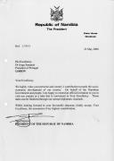 Carta do Presidente da República da Namíbia, Sam Nujoma, dirigida ao Presidente da República de Portugal, Jorge Sampaio, convidando-o a realizar uma visita oficial ao seu país, em data que lhe seja conveniente.