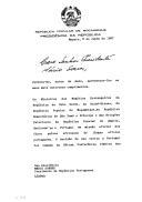 Carta do Presidente da República Popular de Moçambique, Joaquim Chissano, endereçada ao Presidente da República Portuguesa, Mário Soares, relativa à visita a Portugal, em missão oficial, dos Ministros dos Negócios Estrangeiros dos "Cinco" países africanos de língua oficial portuguesa, decidida em Cimeira dos Chefes de Estado de Angola, Cabo Verde, Guiné-Bissau, Moçambique e S.Tomé e Príncipe, realizada em 21 e 22 de maio de 1987.