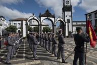 Comemorações do Dia de Portugal, de Camões e das Comunidades Portuguesas 2018. O Presidente da República Marcelo Rebelo de Sousa, recebeu honras militares prestadas pela Guarda de Honra de Cadetes da Academia Militar durante o içar da Bandeira Nacional, enquanto a Banda da Exército executava o Hino Nacional, 9 de junho de 2018. 