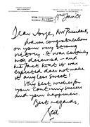 Carta de Neil Kinnock, Vice-Presidente da Comissão Europeia, dirigida ao Presidente da República, Jorge Sampaio, felicitando-o pela sua vitória eleitoral.