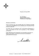 Carta da Rainha Ana da Roménia dirigida ao Presidente da República Portuguesa, Mário Soares, agradecendo, em seu nome e do Rei Miguel, o facto de Portugal ter decretado um dia de luto nacional pela morte do Duque de Barcelona, tio de ambos, e manifestando interesse em aceitar o convite para uma visita a Portugal, sugerindo os meses de setembro ou de outubro para a sua concretização.