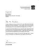 Carta do Presidente da República da África do Sul, F.W. De Klerk, dirigida ao Presidente da República de Portugal, Mário Soares, agradecendo a sua carta de 27 de junho de 1994, manifestando a sua satisfação pela presença do chefe de Estado português e esposa por ocasião da entrada em vigor da nova ordem constitucional em 10 de maio de 1994 e sugerindo a troca de visitas de Estado.