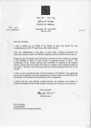 Carta do Presidente do Estado de Israel, Moshe Katsav, dirigida ao Presidente da República Portuguesa, Jorge Sampaio, agradecendo mensagem que lhe foi endereçada por ocasião do 54º aniversário do seu país e referindo-se aos "20 meses de terrorismo palestiniano brutal" e a violência exercida sobre os cidadãos de Israel que impedem a possibilidade do regresso ao processo de negociação política.