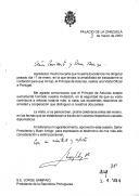 Carta do Rei Juan Carlos dirigida ao Presidente da República Portuguesa, Jorge Sampaio, agradecendo carta datada de 12 de janeiro de 2003, na qual é endereçado convite ao Príncipe das Astúrias para efetuar uma visita oficial a Portugal, e comunicando que o Príncipe aceita o convite para esta deslocação por ocasião do Verão, em data a estabelecer pelos  respetivos canais diplomáticos.