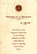 Ementa do almoço oferecido pelo Presidente da República, Óscar Carmona à oficialidade do Cruzador Americano "Raleigh", no Palácio de Belém, no dia 1 de maio de 1929.