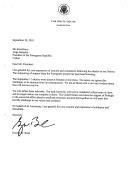 Carta do Presidente dos Estados Unidos da América, George W.Bush, dirigida ao Presidente da República Portuguesa, Jorge Sampaio, agradecendo, em seu nome e de todos os americanos, mensagem de preocupação e condolências por ocasião dos ataques de 11 de setembro e garantindo que os EUA "irão derrotar os terroristas" e saudando o apoio a ser dado por Portugal num "esforço concertado para erradicar o terrorismo".