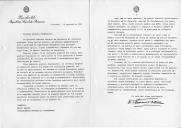 Carta do Presidente da República Socialista da Roménia, Nicolau Ceausescu, dirigida ao Presidente da República Portuguesa, Mário Soares, manifestando a sua convicção da necessidade de impedir a corrida aos armamentos e adotar, com urgência, medidas concretas de desarmamento, propondo, tal como o decidido pelo Congresso dos Trabalhadores da República Socialista da Roménia, uma redução de 5% dos armamentos efetivos e das despesas militares, a ser aplicada pelos Estados europeus, pelos Estados Unidos e pelo Canadá.