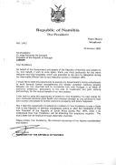Carta do Presidente da República da Namíbia, Sam Nujoma, dirigida ao Presidente da República de Portugal, Jorge Sampaio, convidando-o a realizar uma visita de Estado ao seu país, por ocasião da sua deslocação para participara nas cerimónias da tomada de posse do novo Presidente da República da África do Sul, em maio de 1999.