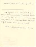 Rascunho manuscrito de texto de um telegrama de agradecimento, elaborado pelo Secretário-Geral, Luís Pereira Coutinho, da parte do Presidente da República, Contra-Almirante Américo Tomás e dirigido ao Arcebispo de Braga.