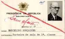 Cartão de identificação nº 3 da Secretaria da Presidência da República relativo a Marcelino Gonçalves, Porteiro de Sala de 1ª classe