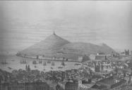 Reprodução de uma gravura antiga, com uma perspetiva panomâmica da baía e das casas e edifícios circundantes, igrejas e fortificações, da cidade de Angra do Heroísmo