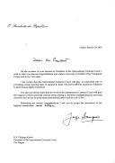 Carta do Presidente da República, Jorge Sampaio, dirigida a Philippe Kirsch, Presidente do Tribunal Penal Internacional,  felicitando pela sua eleição para aquele cargo, certo de que o TPI irá representar um importante papel no apoio daqueles que sofreram enormes violações dos direitos humanos em todo o Mundo e na promoção da justiça internacional.