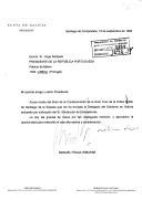 Carta do Presidente da Xunta de Galicia, Manuel Fraga Iribarne, endereçada ao Presidente da República Portuguesa, Jorge Sampaio, acusando receção do título da condecoração com a Grã Cruz da Ordem Militar de Santiago de Espada, recebido por intermédio do Delegado do Governo na Galiza.