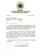 Carta do Presidente da República Federal da Nigéria, Olusegun Obasanjo, endereçada ao Presidente da República de Portugal, Jorge Sampaio, agradecendo carta de felicitações, datada de 29 de maio de 1999, que lhe dirigiu em por ocasião da sua tomada de posse como Presidente da Nigéria, e assegurando a vontade do seu governo em promover a expansão da cooperação bilateral entre os 2 países.