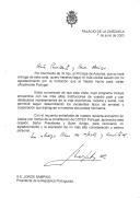 Carta do Rei Juan Carlos dirigida ao Presidente da República Portuguesa, Jorge Sampaio, entregue em mão pelo Príncipe das Astúrias, apresentando "saudações cordiais", agradecendo o convite para a visita oficial a Portugal, "cujo programa inclui encontros com as mais altas instituições" e "com destacados representantes da vida económica, cultural e social" portugueses e relembrando o recente encontro em Lisboa entre os dois chefes de Estado por ocasião da constituição da COTEC Portugal.