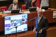 O Presidente da República Marcelo Rebelo de Sousa participa, no Infarmed em Lisboa, na IX sessão de apresentação sobre a “Situação epidemiológica da Covid-19 em Portugal”, na qual estão presentes o Presidente da Assembleia da República, Eduardo Ferro Rodrigues, e o Primeiro-Ministro, António Costa, a 24 de junho de 2020