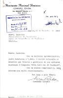 Carta da Comissão Central do Movimento Nacional Feminino, endereçada aos funcionários da Secretaria Geral da Presidência da República, agradecendo e remetendo recibo [em anexo] relativo ao donativo enviado destinado à campanha "Hora Nacional do Trabalho".