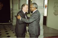 O Presidente da República, Jorge Sampaio, recebe o Presidente de São Tomé e Príncipe, Miguel Trovoada, no Palácio de Belém, a 7 de outubro de 1999.