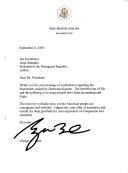 Carta do Presidente dos Estados Unidos da América, George W.Bush, dirigida ao Presidente da República Portuguesa, Jorge Sampaio, agradecendo mensagem de condolências e de solidariedade, na sequência da devastação provocada pelo furacão Katrina que atingiu o Sul dos Estados Unidos.