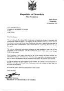 Carta do Presidente da República da Namíbia, Sam Nujoma, dirigida ao Presidente da República, Mário Soares, dando a conhecer a realização da 1ª Mesa Redonda e Conferência sobre a Namíbia a ter lugar em Genebra, nos dias 22 e 23 de novembro de 1995 e convidando Portugal a estar presente como parceiro na promoção do desenvolvimento daquele país.