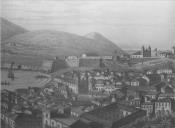Reprodução de uma gravura antiga, com uma perspetiva panomâmica da baía e das casas e edifícios circundantes, igrejas e fortificações, na cidade de Angra do Heroísmo
