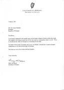 Carta da Presidente da Irlanda, Mary McAleese, endereçada ao Presidente da República de Portugal, Jorge Sampaio, lamentando a tragédia do colapso da ponte de Entre-os-Rios, envolvendo grande perda de vidas e apresentando condolências em nome do povo da Irlanda e no seu.