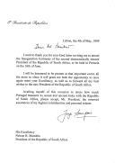 Carta do Presidente da República, Jorge Sampaio, dirigida ao Presidente da República da África do Sul, Nelson Mandela, agradecendo convite para a tomada de posse do novo Presidente da República daquele país, confirmando a sua presença na cerimónia.