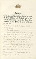 Carta do Rei de Inglaterra, George, informando do fim da missão diplomática de Arthur Henry Hardinge.